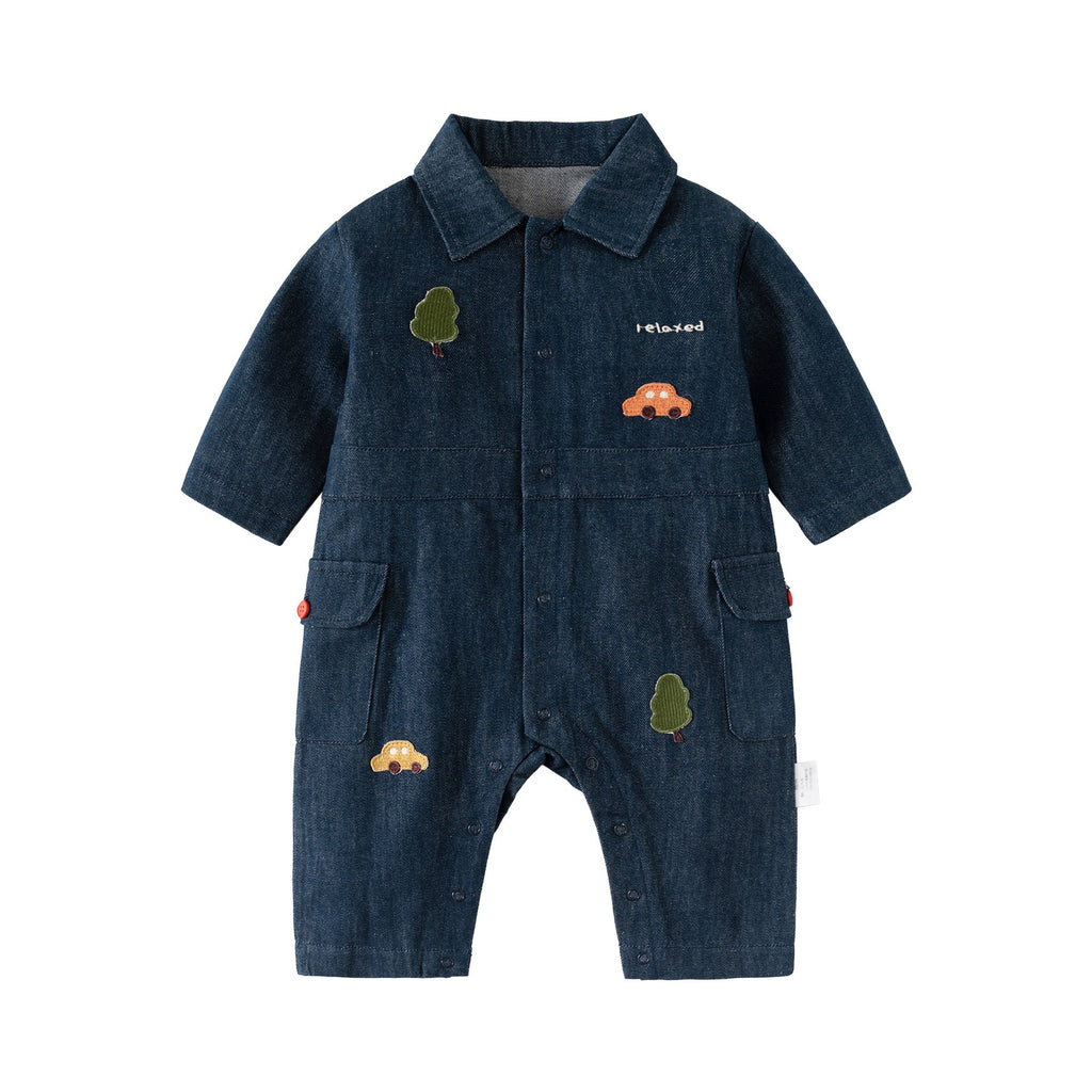 Autumn and Spring New Arrival Baby Casual Embroidered Pattern Denim Rompers-0